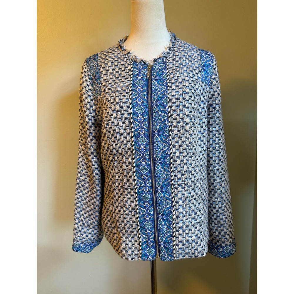 Chico's Tweed LS Jacket preppy Multi Blue‎ Paisley Zip preppy boho cottage 8/10